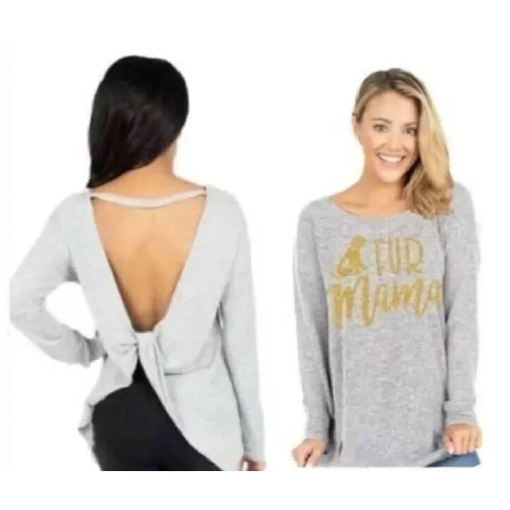 NWT Simply Southern Top Grey "Fur Mama" Pullover Long Sleeve Open Back Size XL